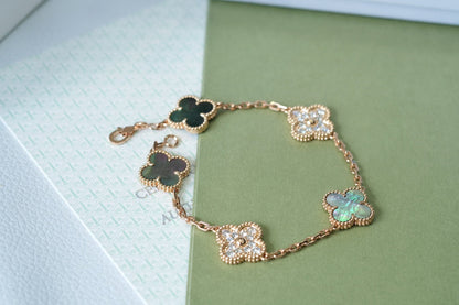 [LuxJewelry]CLOVER 5 MOTIFS DARK MOP AND DIAMONDS PINK GOLD BRACELET