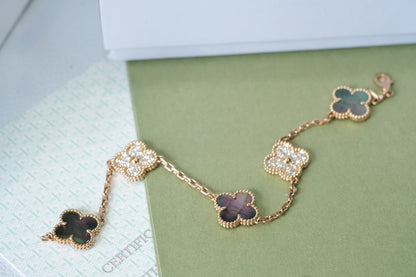 [LuxJewelry]CLOVER 5 MOTIFS DARK MOP AND DIAMONDS PINK GOLD BRACELET