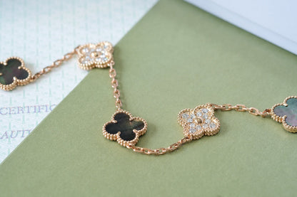 [LuxJewelry]CLOVER 5 MOTIFS DARK MOP AND DIAMONDS PINK GOLD BRACELET
