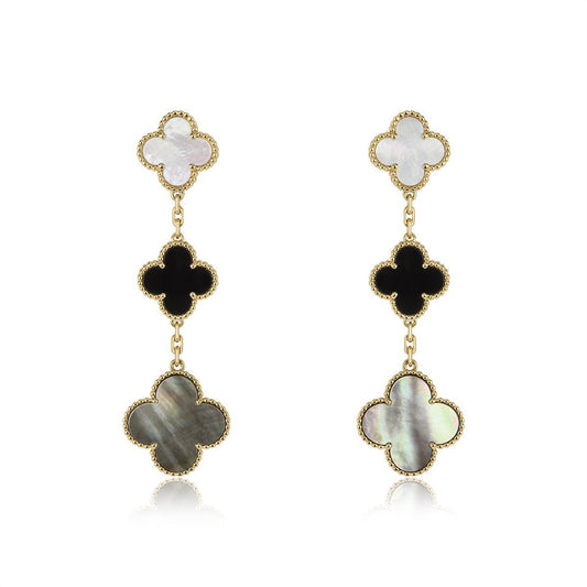 [LuxJewelry]CLOVER EARRINGS GOLD ONYX MOP 3 MOTIF